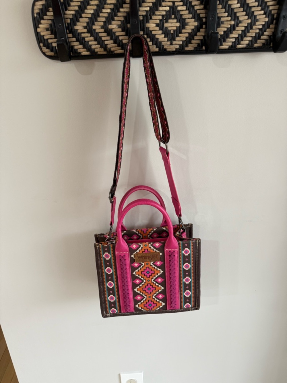 Wrangler Women's Southwestern Print Canvas Crossbody Tote Bag - Hot Pink/Brown - Picture 6 of 12